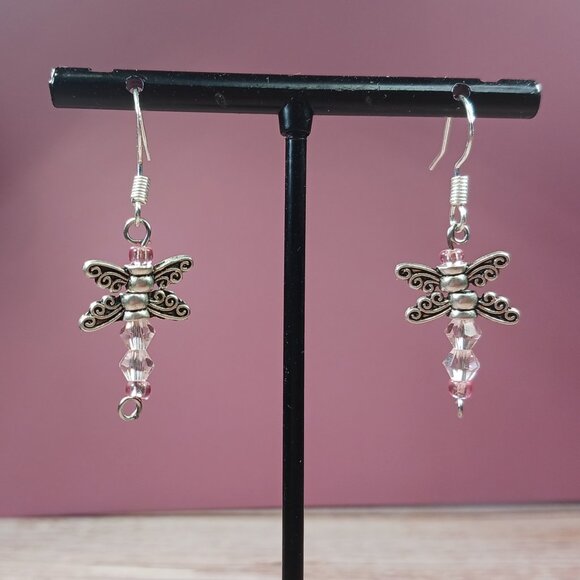 Silver-Toned Dragonfly Dangle Earrings with Pink Crystal Beads - Picture 8 of 11